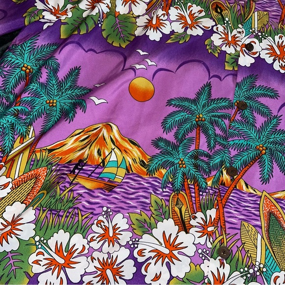 Lvish Hawaiian Print Button Down Shirt Men’s Sz 2XL Purple Teal Palm Trees Surf - Picture 6 of 7